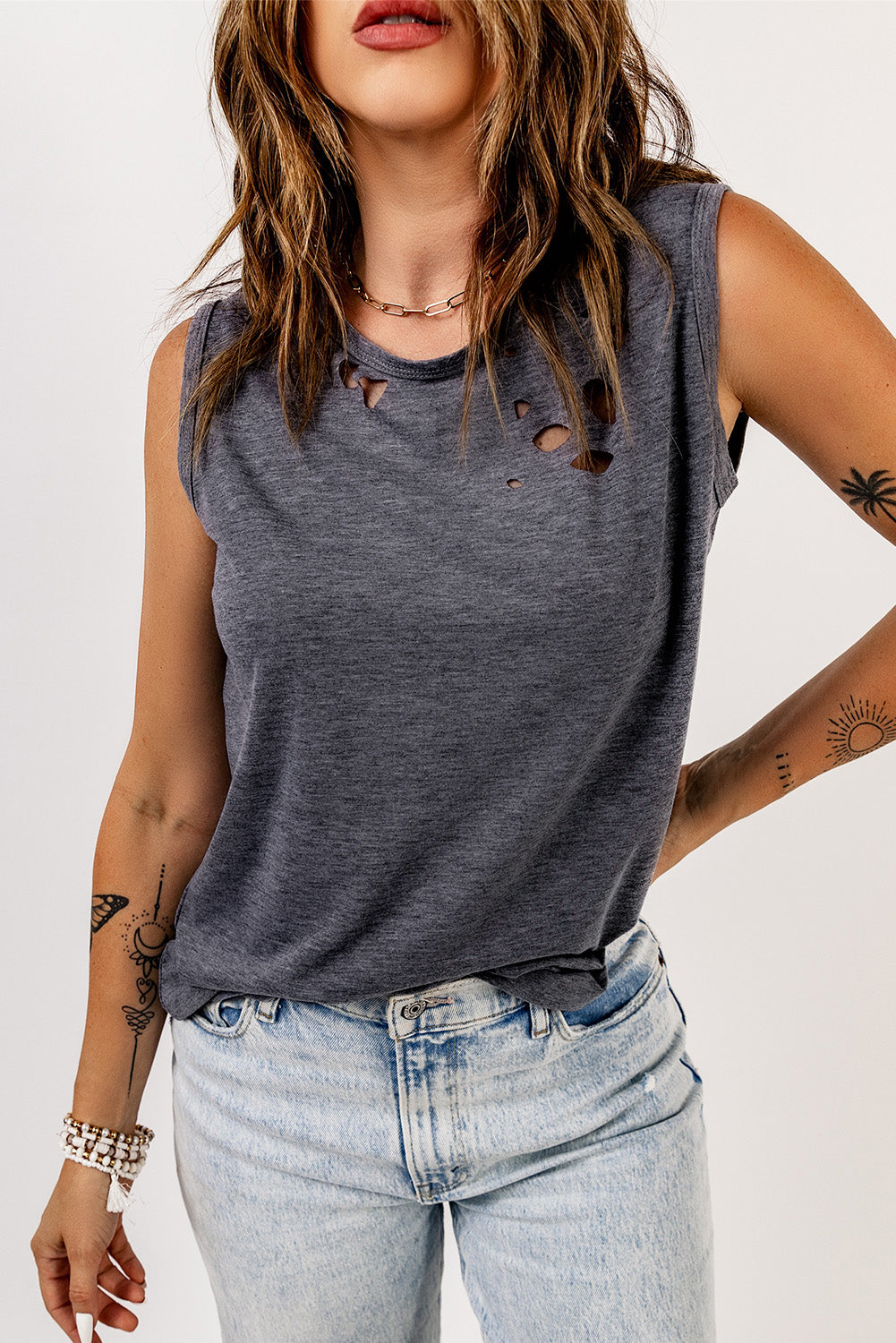 Broken Hole Detail Sleeveless Crew Neck Black Tank Top
