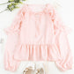 Pink Textured Dotted Ruffle Puffy Sleeve Peplum Blouse