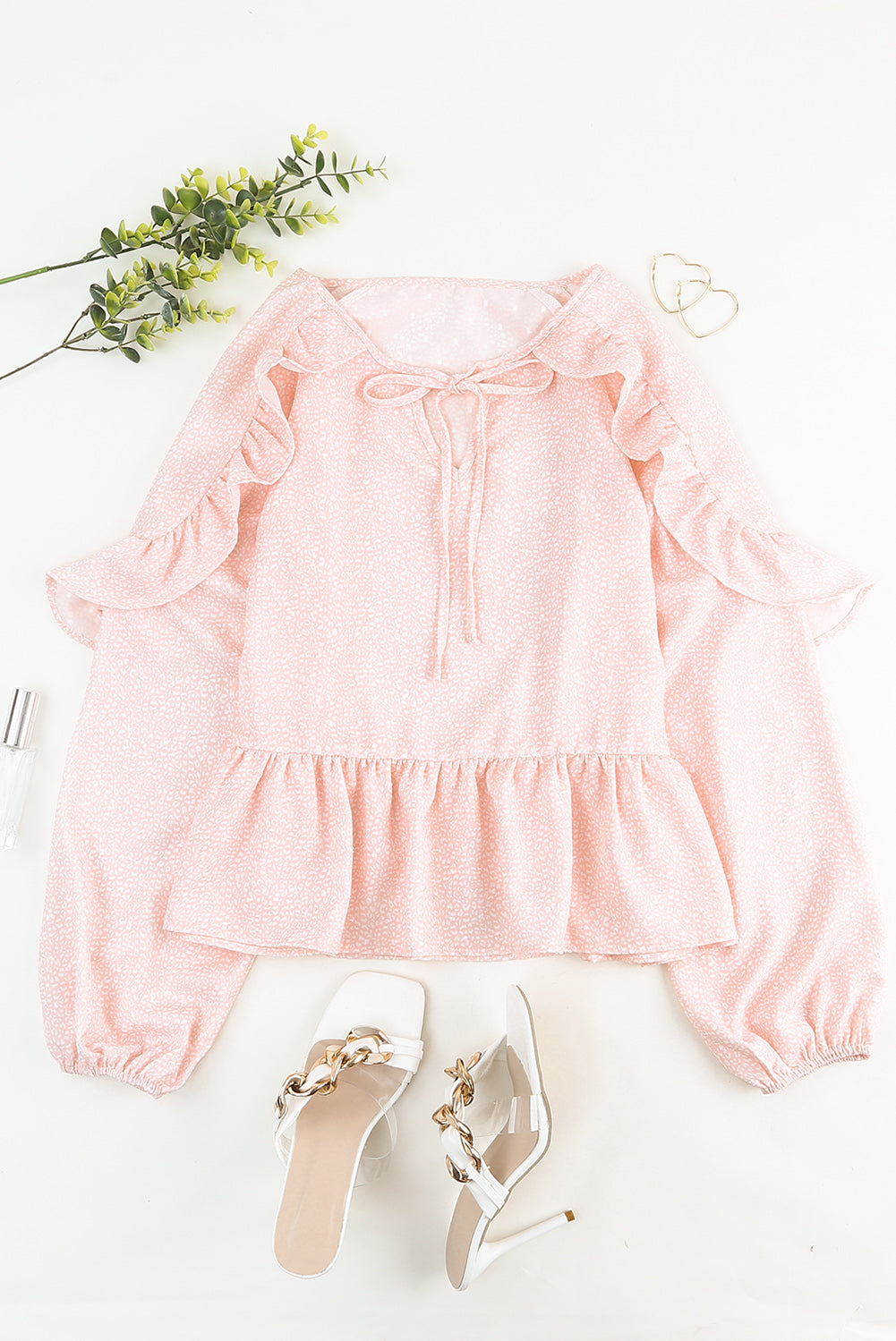 Pink Textured Dotted Ruffle Puffy Sleeve Peplum Blouse