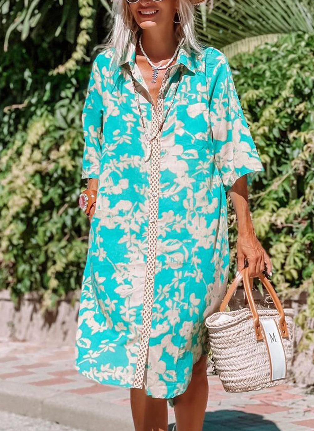 Sky Blue Floral Print Button-up Half Sleeve Maxi Dress