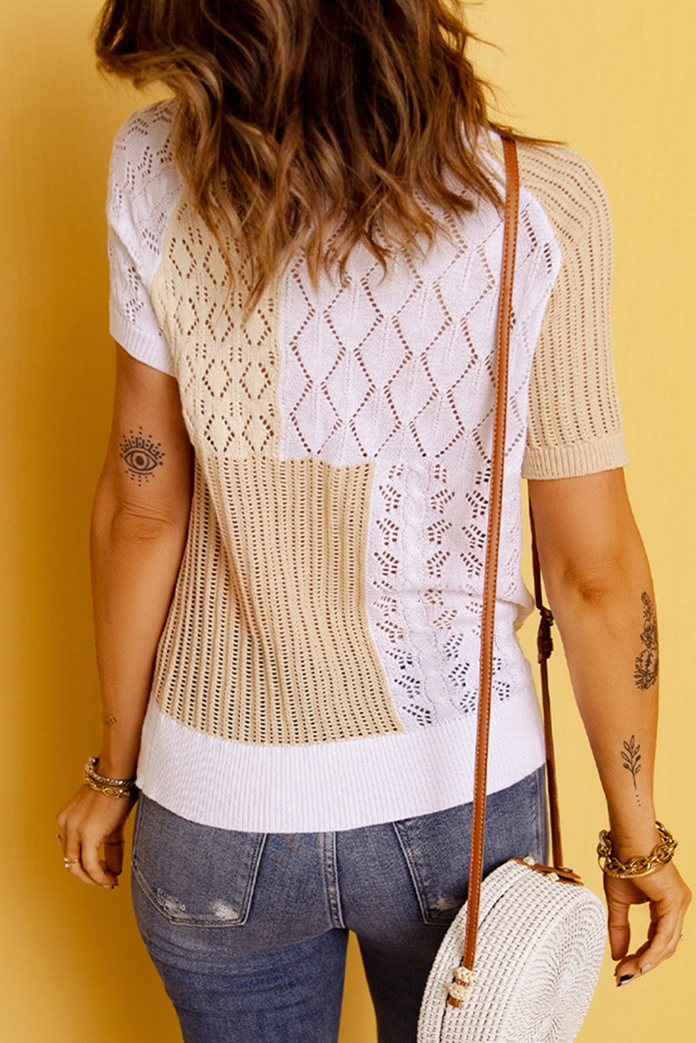 Apricot Color Block Knitted Short Sleeve T Shirt