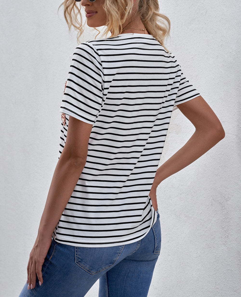 V Neck Striped T-shirt with Patch Pocket