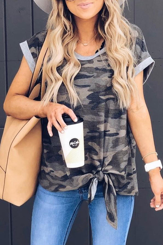 Gray Camo Print Knotted Hem T-shirt