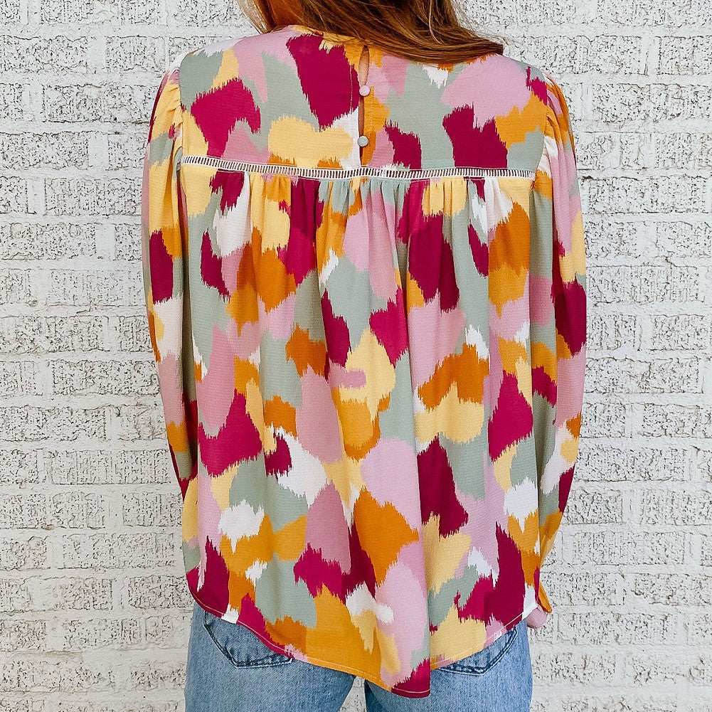 Abstract Color Block Printed Long Sleeve Blouse