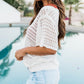 White Scalloped Neckline Open Knit Short Sleeve Sweater