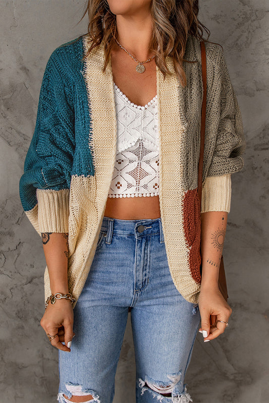 Block Loose Open Front Knitted Cardigan