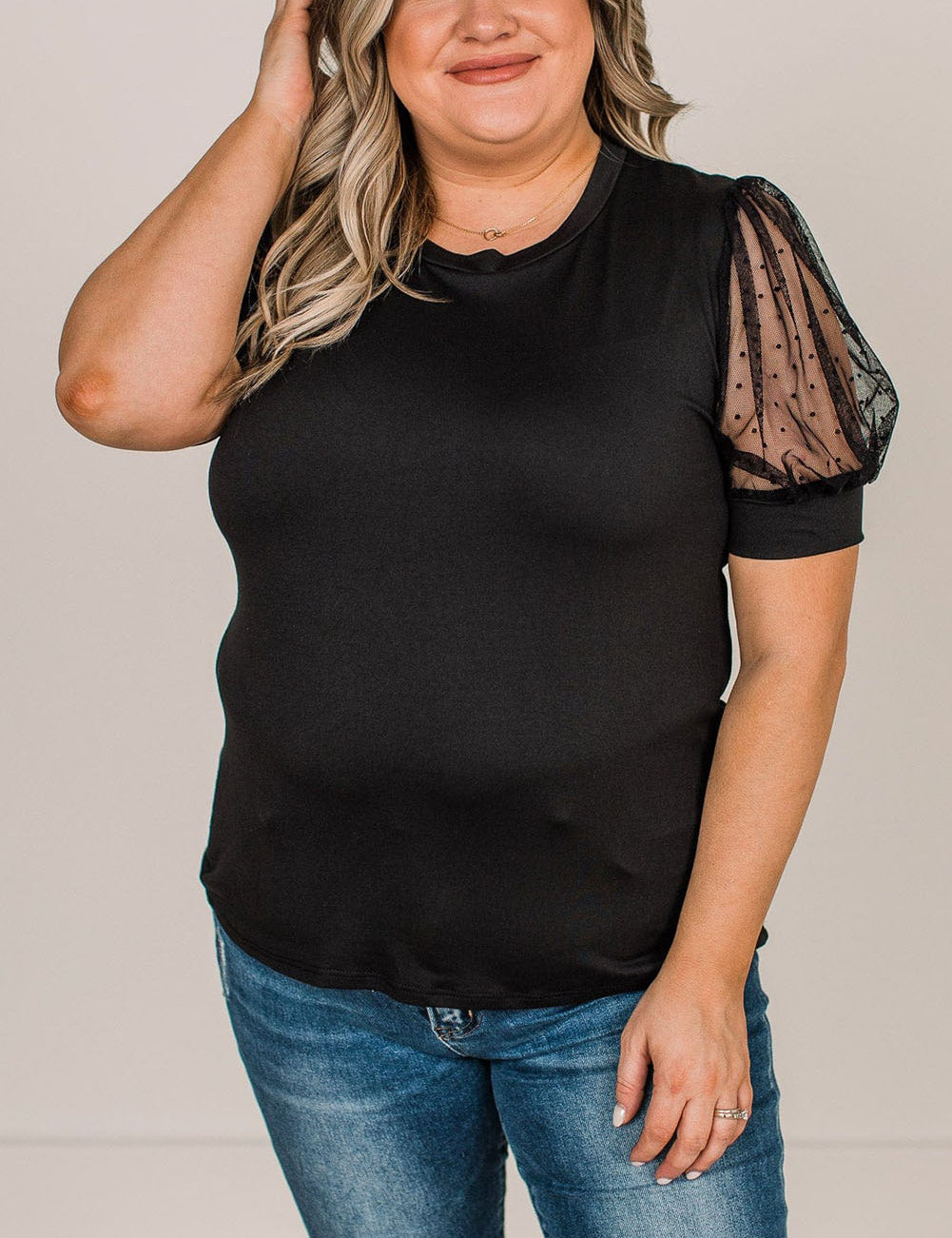 Black Dotty Mesh Splicing Bubble Sleeve Plus Size Top