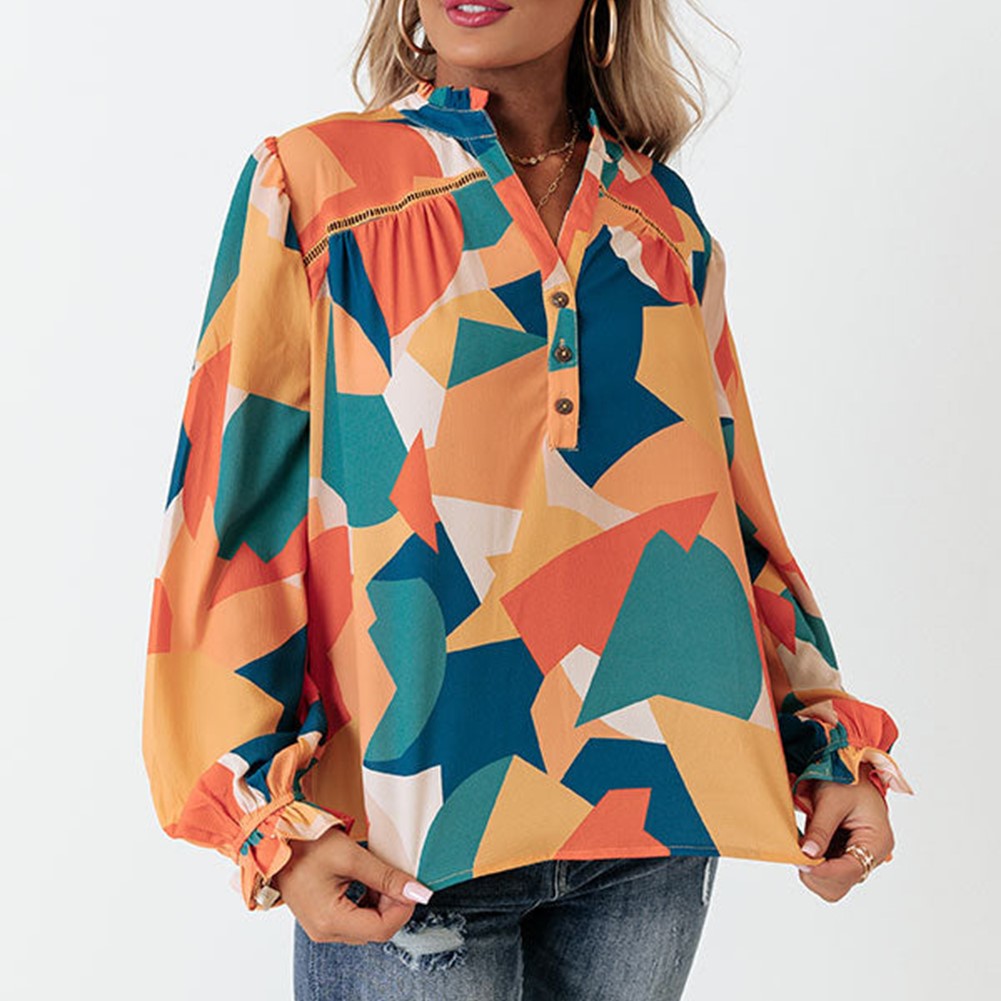 Geometric Patchwork Print Half Buttoned Blouse