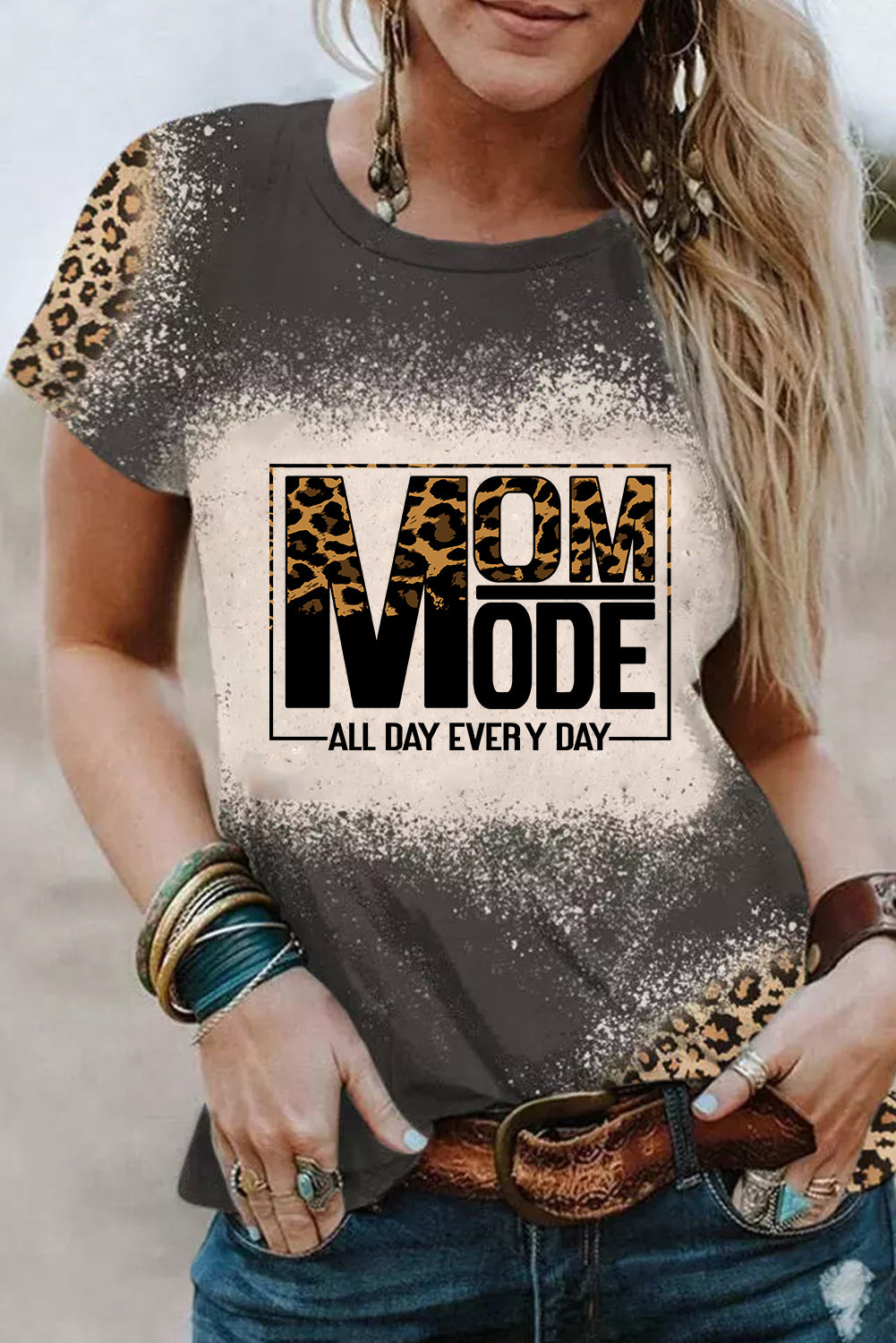 Gray MOM MODE Leopard Bleach Print Vintage Graphic Tee