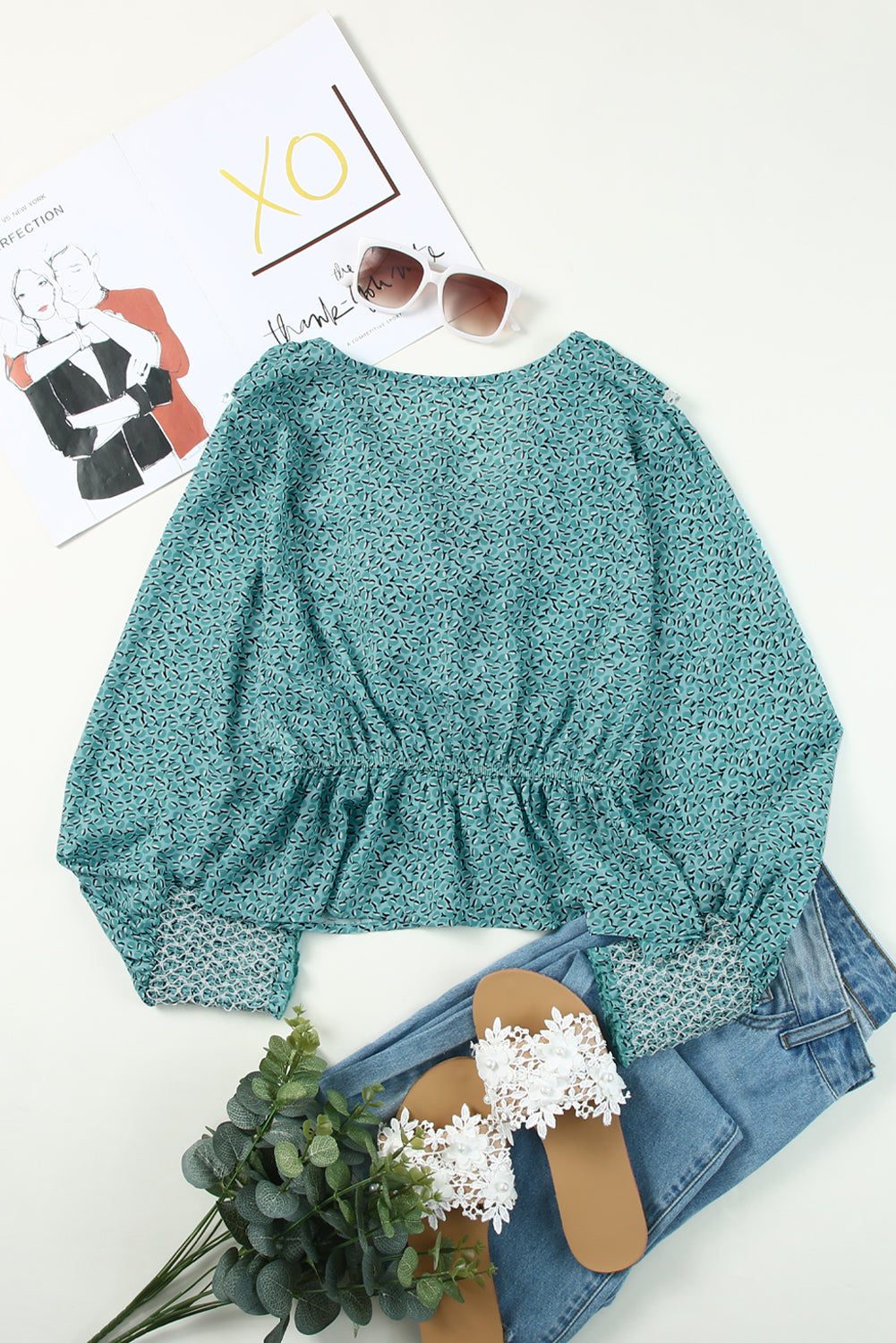 Green Floral Print Flounce V Neck Crop Top