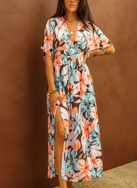 Orange Floral Kimono Long Dress with Slit