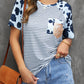 Cow Striped Sequined Splicing Pocket Short Sleeve Top