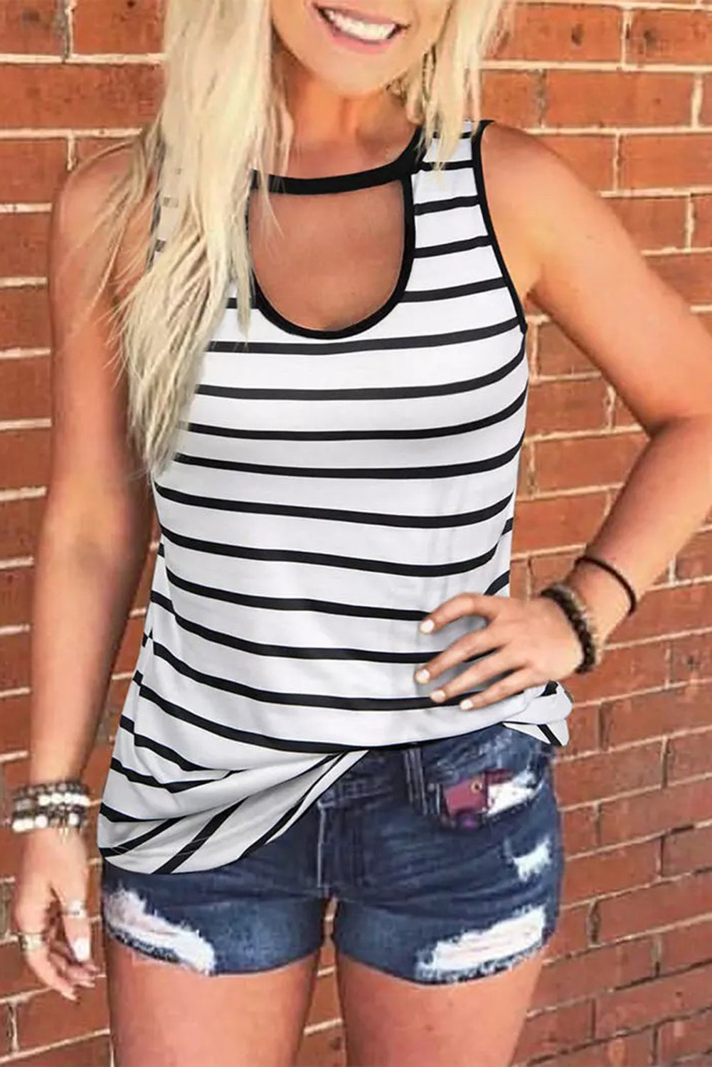 White Striped Keyhole Neck Tank