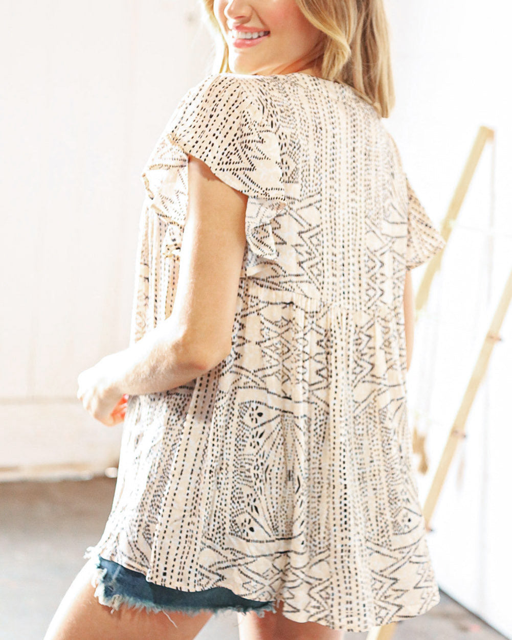 Beige Geometric Embroidered Spotted Print Tassel V Neck Blouse