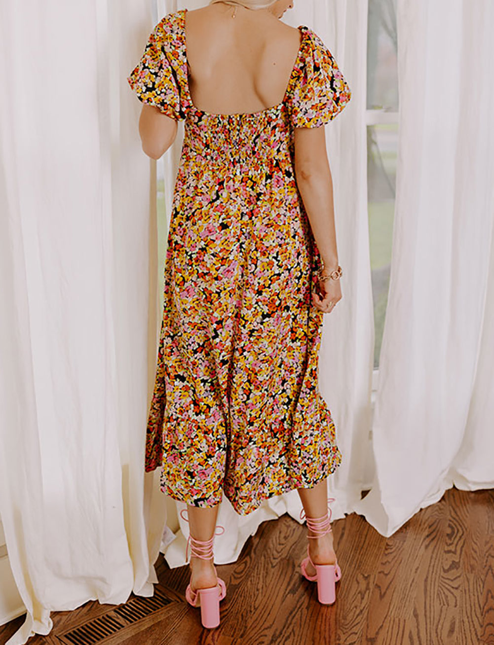 Puff Sleeve Square Neck Open Back Floral Midi Dress