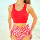 Red Floral Printed High Waist Waist Lace Up Bikini Set