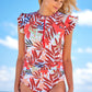 Orange Zipped Front Flutter Sleeves Ruched Tropical One-piece Swimsuit