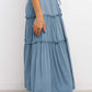 Blue Solid Layered Ruffled Drawstring High Waist Maxi Skirt