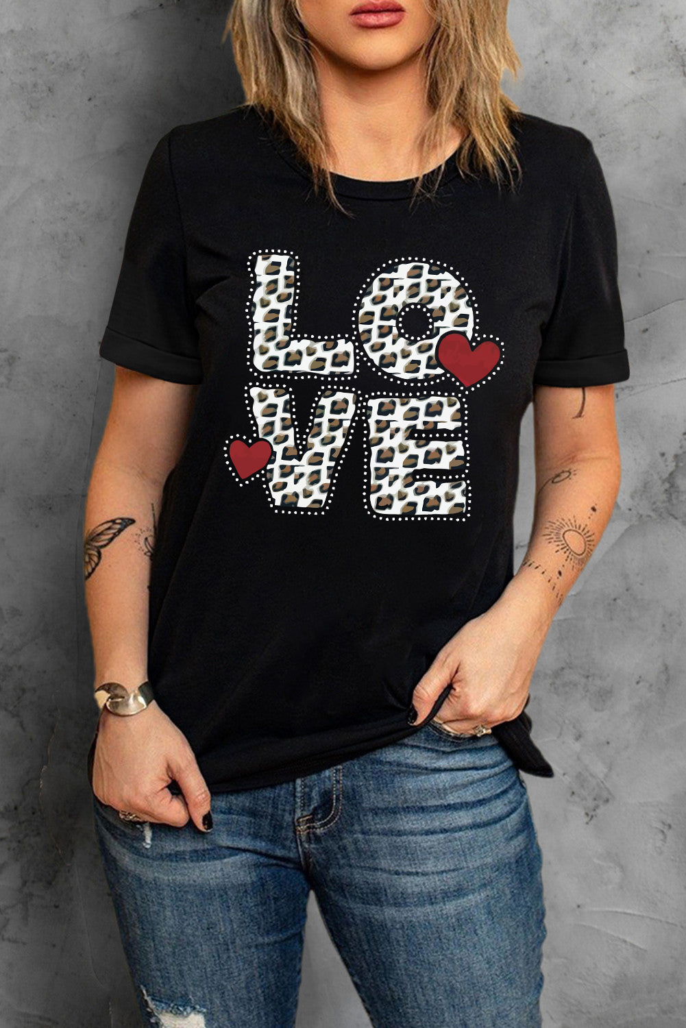 Black Studded LOVE Heart Graphic Tee