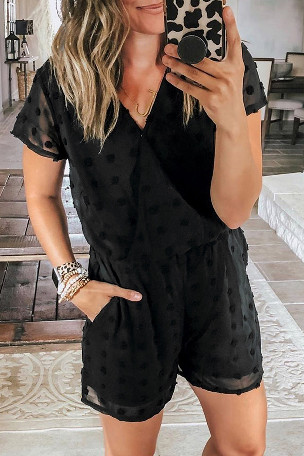 Deep V Neck Dot Texture Short Sleeves Romper