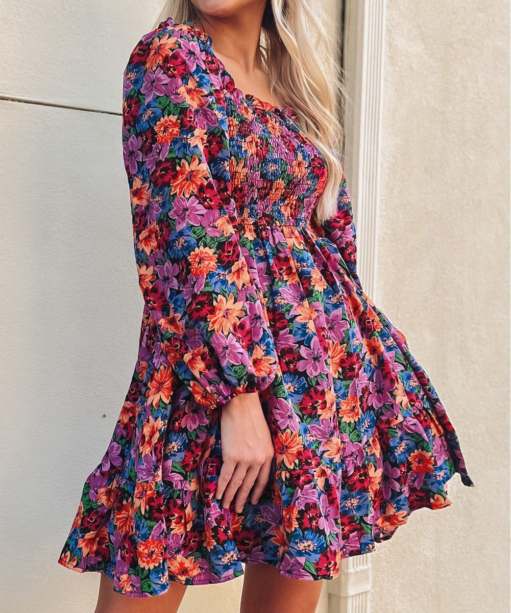 Floral Puff Sleeve Smocked Dress