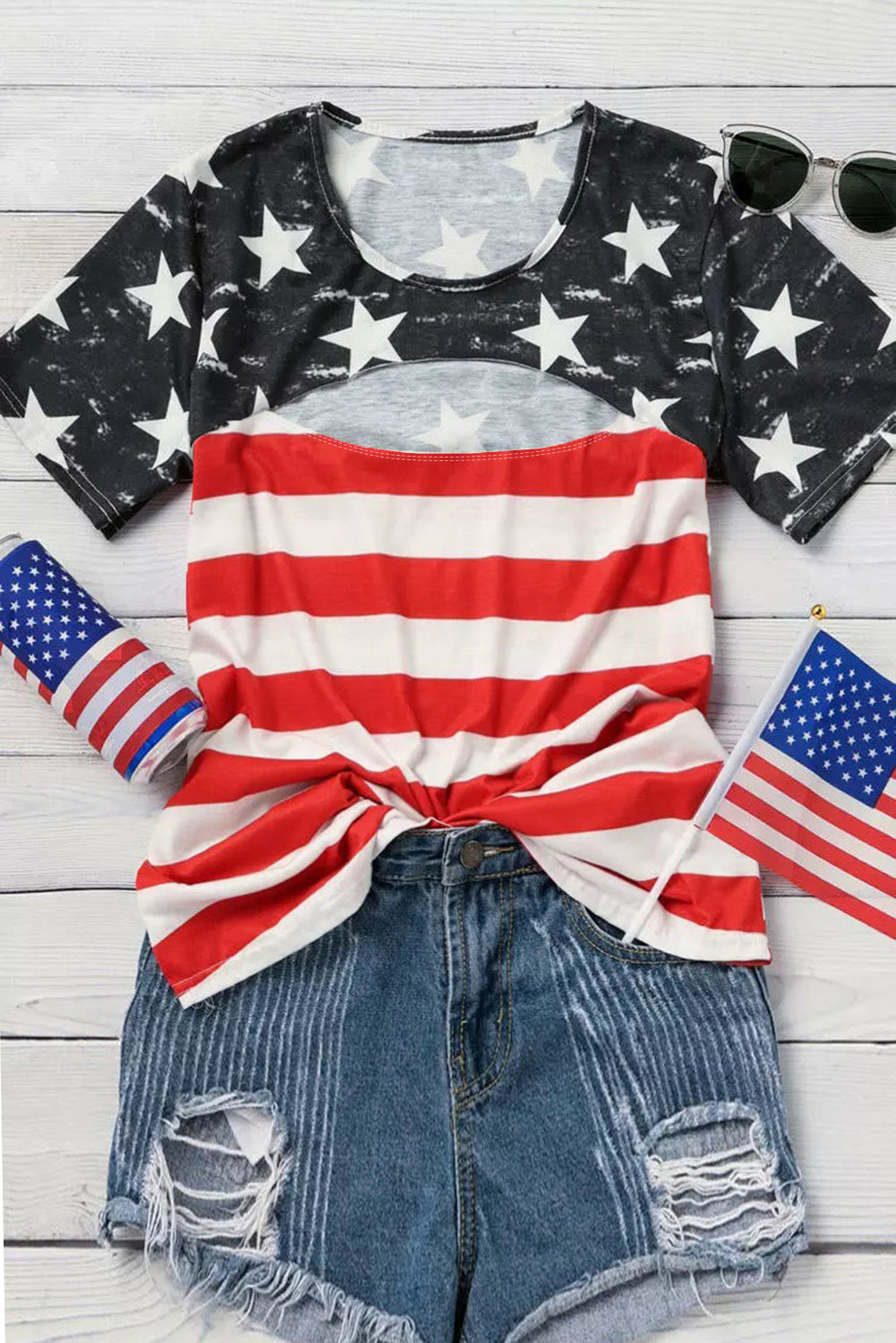 Black Contrast American Flag Cutout T-Shirt