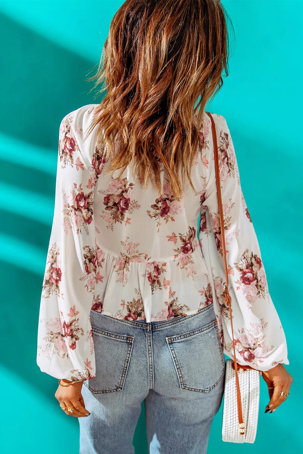 V Neck Balloon Sleeve Twist Front Floral Blouse