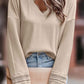 Ribbed Texture Lace Trim V Neck Long Sleeve Top