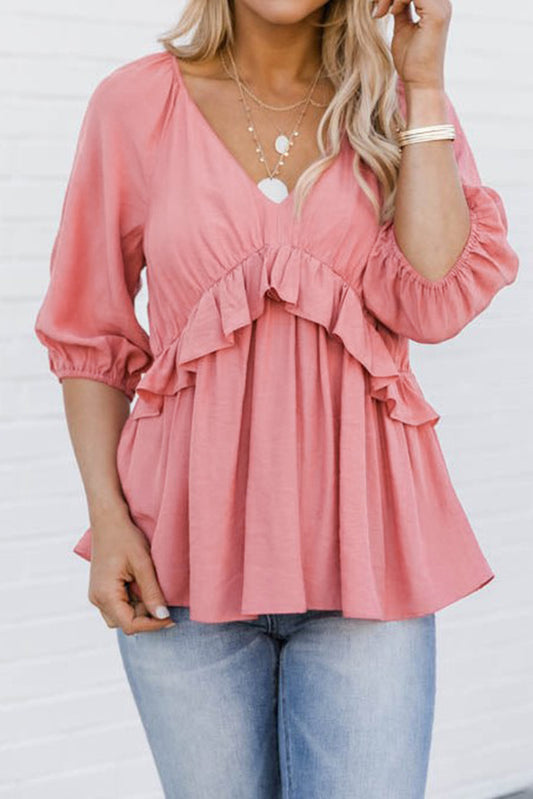 Pink Ruffled Half Sleeve V Neck Babydoll Top