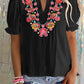 Black Floral Embroidered Ruffled Puff Sleeve Blouse