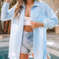 Sky Blue Lightweight Shirt Style Beach Cover Up