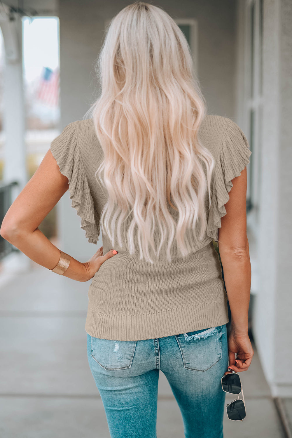 Khaki Cascading Ruffles Knit Tank Top