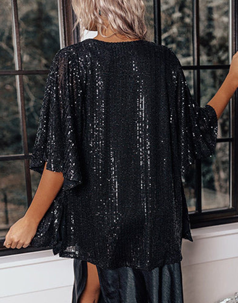 Black Luster Sequin Half Sleeves Draped Open Front Top