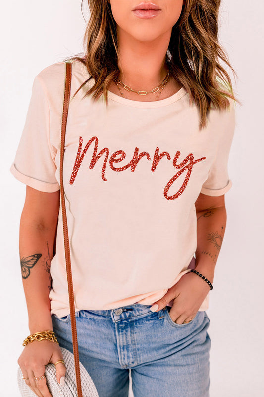 Merry Glitter Pattern Print Crew Neck T Shirt