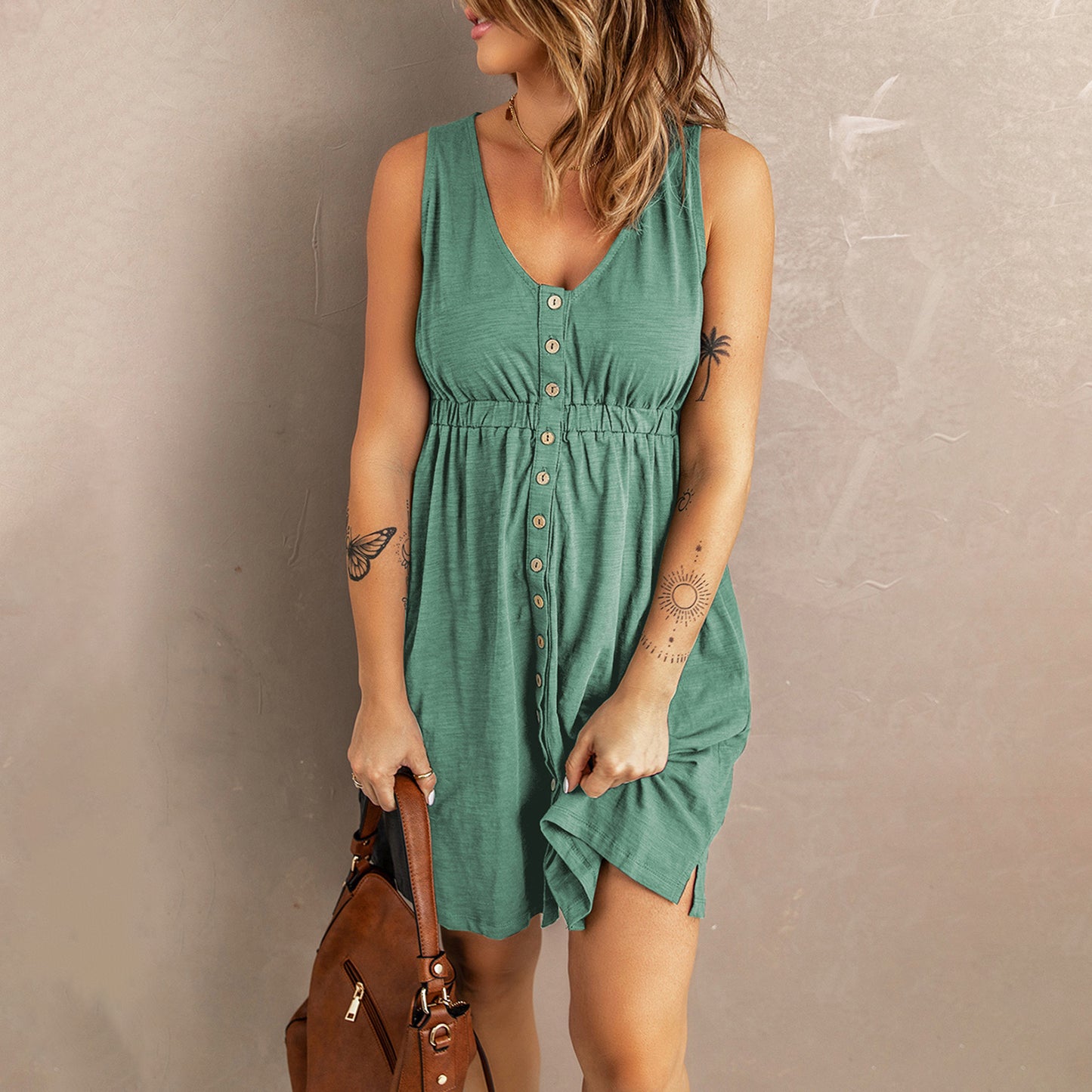 Buttons Sleeveless High Waist Mini Dress