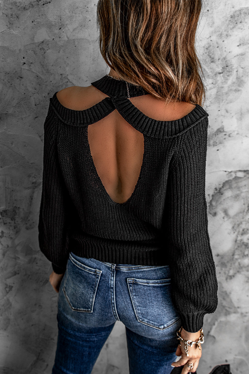 Women's Winter Casual Loose Halter Neck Cold Shoulder Ribbed Knit Sweater