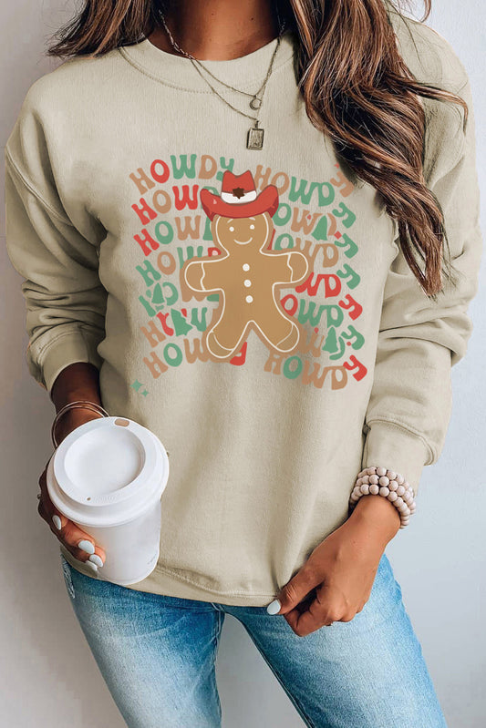 Khaki Howdy Gingerbread Man Print Long Sleeve Sweatshirt