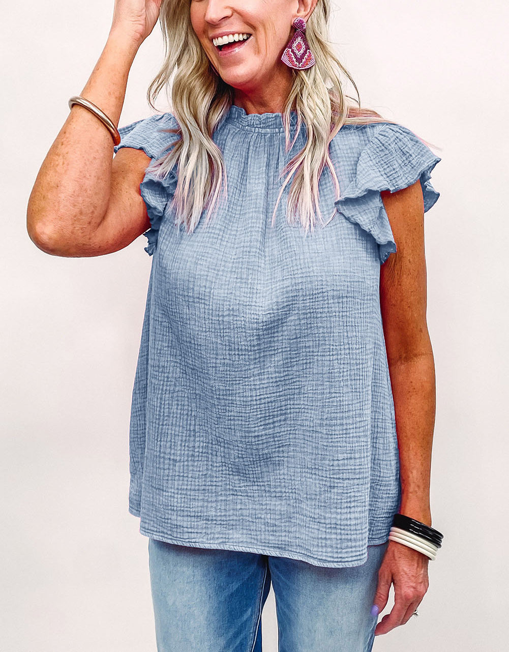 Flutter Sleeve Frilled Neck Textured Blouse