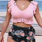 Ribbed Ruched Ruffle Top Printed Bikini Set