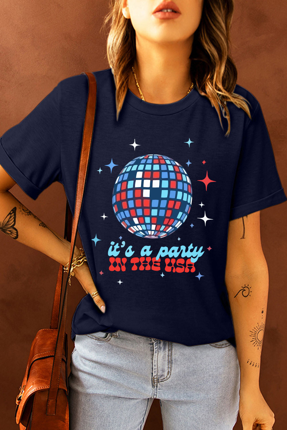 Blue Party In USA Graphic Print Short Sleeve T Shirt