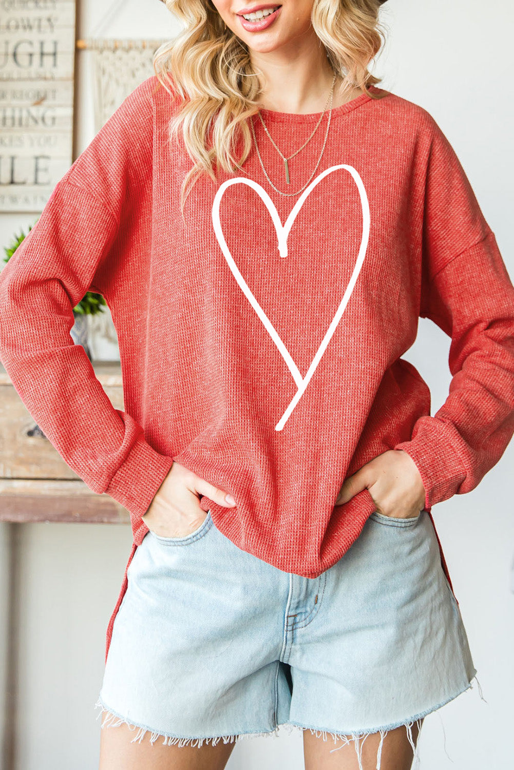 Red Heart Shaped Waffle Knit High Low Long Sleeve Top