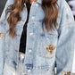 Leopard Star Distressed Cropped Denim Jacket