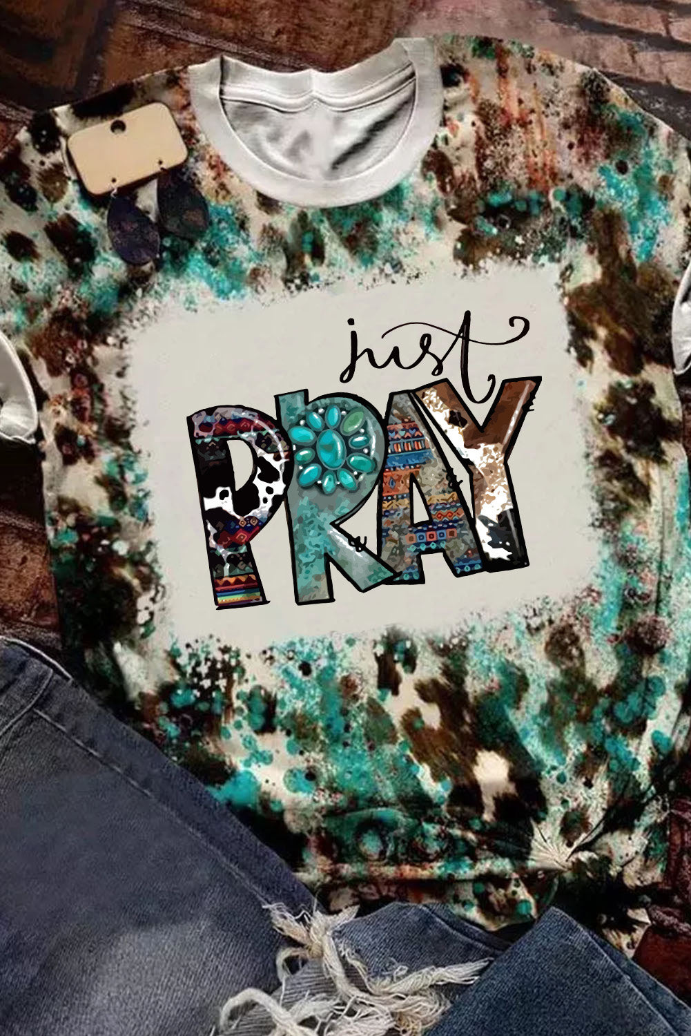 Leopard Just Pray Western Pattern Bleached Short Sleeve T Shirt