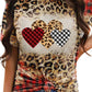 Leopard Plaid Heart Shaped Bleached Short Sleeve T Shirt