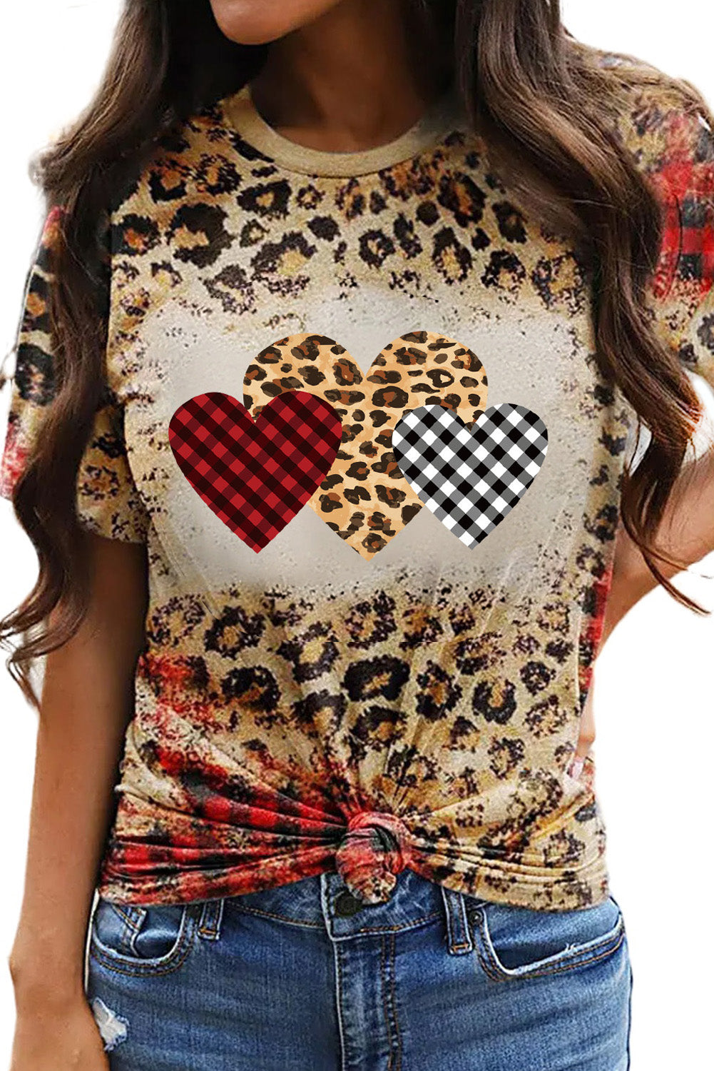Leopard Plaid Heart Shaped Bleached Short Sleeve T Shirt