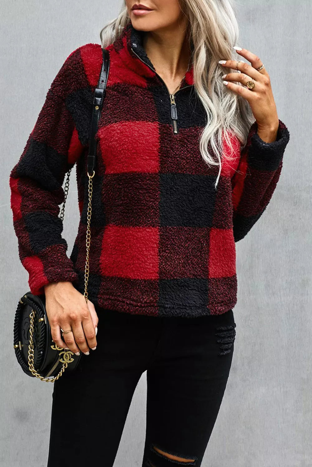 Red Plaid Zip Collar Plush Pullover Sweatshirt