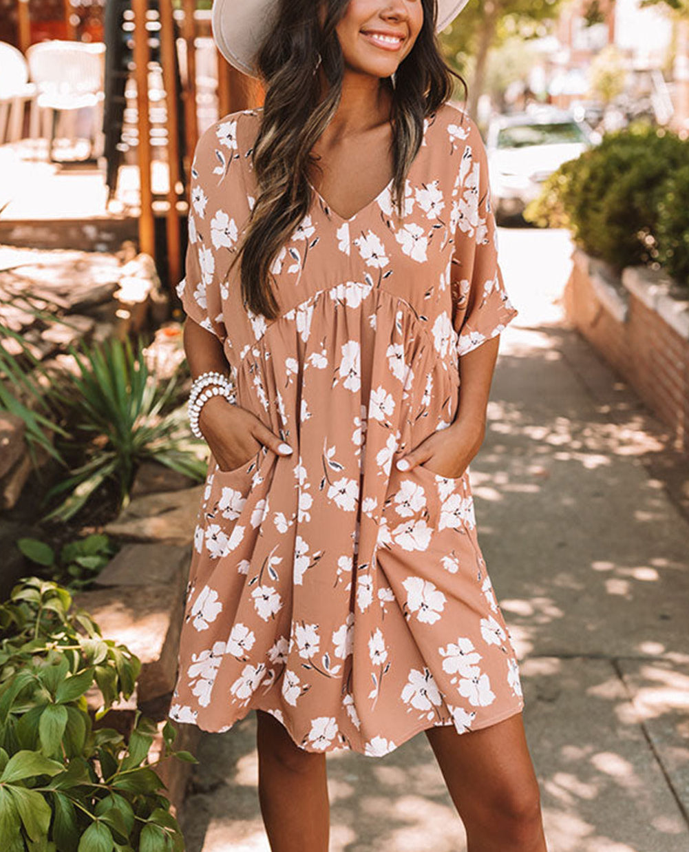 Khaki V Neck Floral Babydoll Dress with Pockets