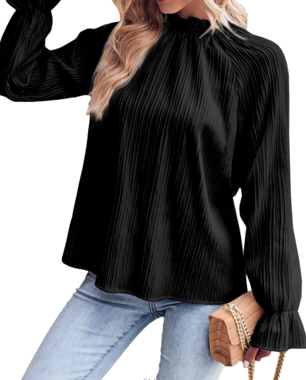 Frilled Mock Neck Ripple Bubble Sleeve Blouse