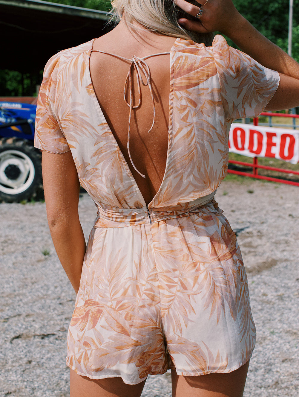 Khaki Tropical Leaf Print Button Belted Chiffon Romper