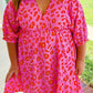 Rose Plus Size 3/4 Sleeves V Neck Leopard Dress